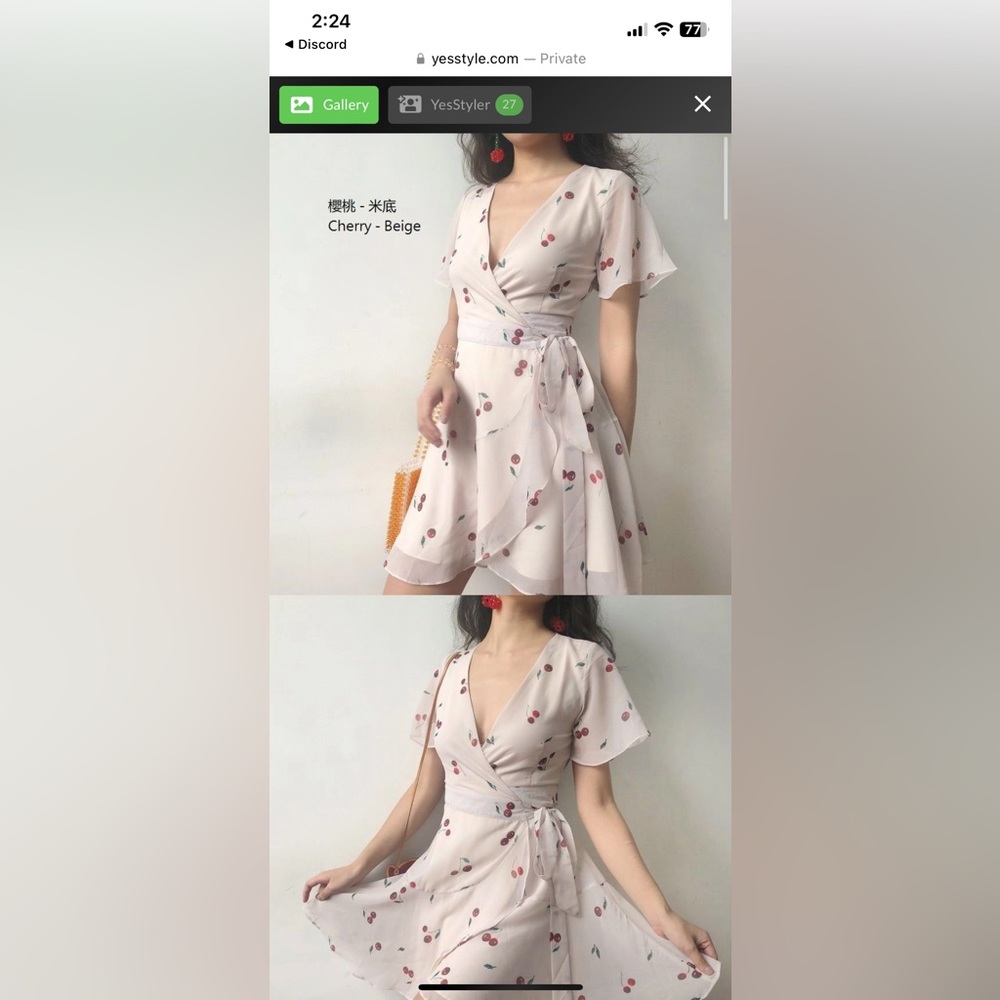Short-Sleeve V Neck Cherry Print Mini Wrap Dress YESSTYLE